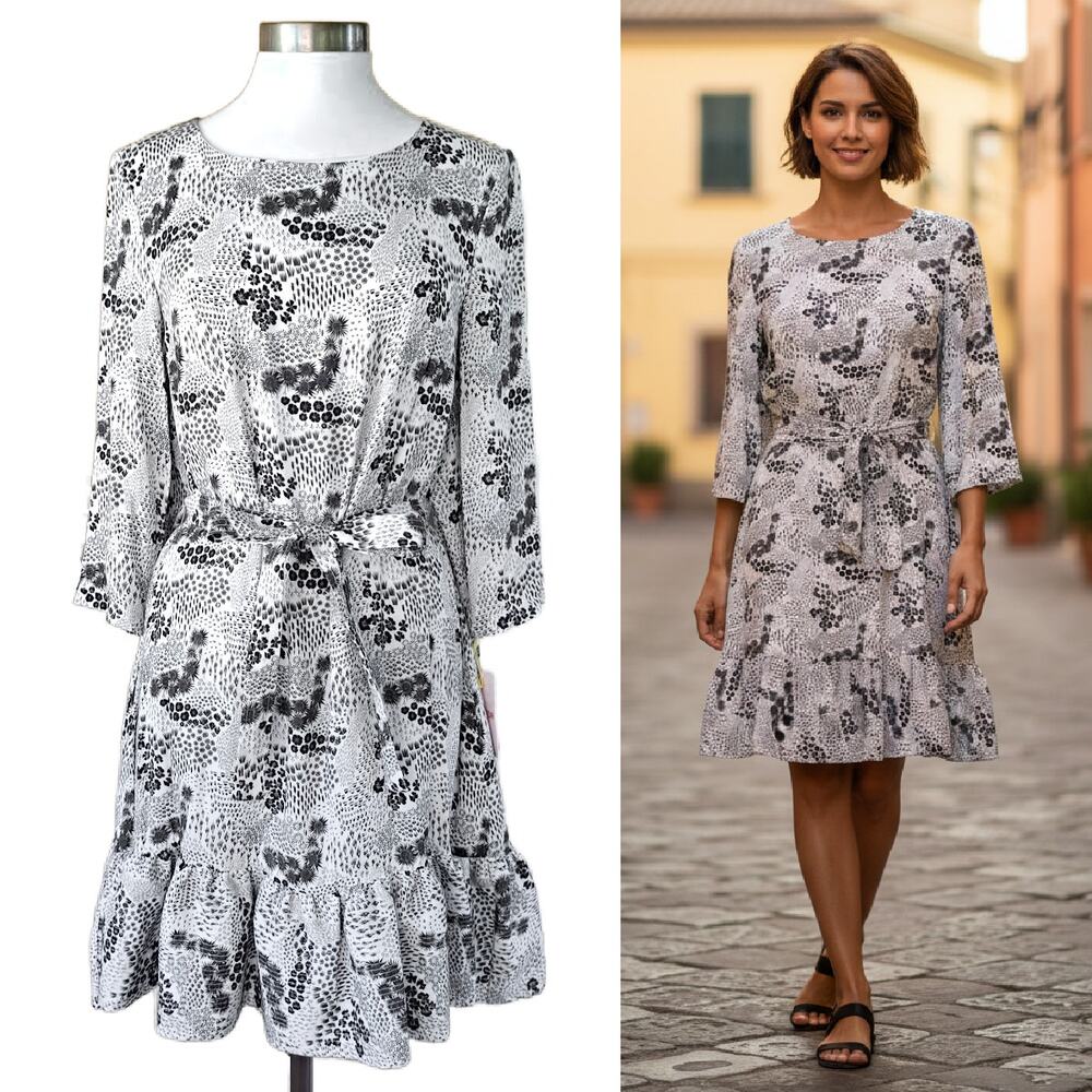 NEW Persifor Poppy Floral Belted Dress Small Black White Flutter Hem 3/4 Sleeve